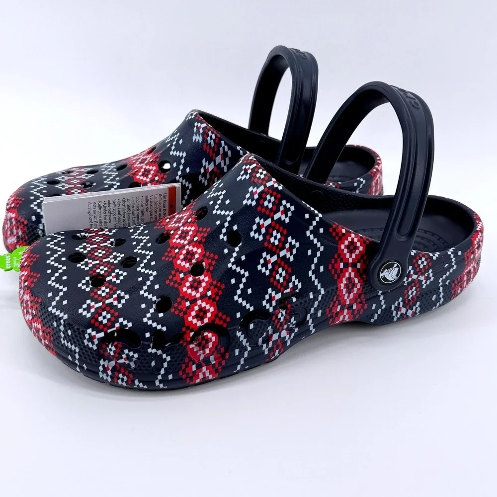 Crocs Baya Holiday Graphic Clog Mens Size 10 Navy Blue Fair‎ Isle Comfy Gift NWT